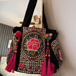 New Embroidered Black and Multicolor Women's Bag